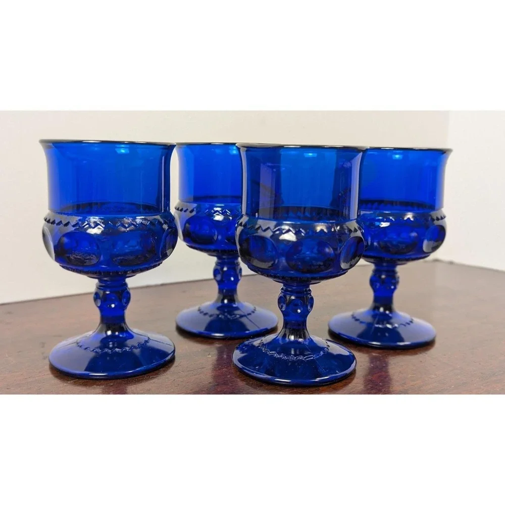Vintage Cobalt Blue Goblets Set of 4 Paneled Stem Wine Water Glasses 4.5